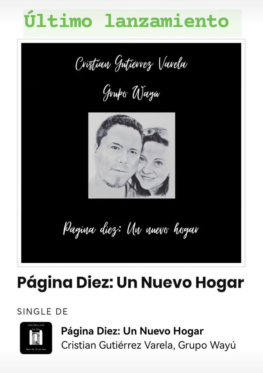 Hoy lanzamos nuestro último sencillo del Álbum "Página en blanco" compuesto por Cristian Gutiérrez Varela e interpretado por nuestro Grupo Wayú junto a los músicos Alejandro Solís y Patricio Martínez... Disponible en todas las plataformas digitales!!! 

open.spotify.com/album/4ExxMzAI…
