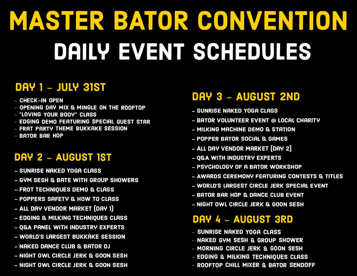 Master Bator Convention 2025 Event Schedules! Check out the awesome things we have planned for you bro! More will be added as well. Can you say BATOR HEAVEN?? #bate #bator #batebro #edging #goon #gooner