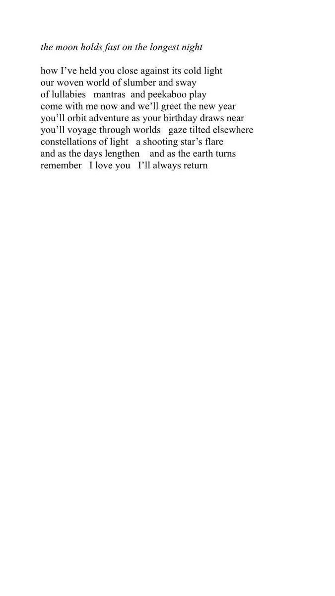 Amaleena Damlé (@amaleenadamle) on Twitter photo My winter solstice poem - the moon holds fast on the longest night - written two years ago as my littlest was starting nursery.
Published in wonderful <a href="/TheDirigible/">The Dirigible Balloon 🎈</a> and soon to appear in their anthology, Sky Surfing: Excellent Adventures in a Poetry Balloon <a href="/JonathanHumble/">Jonathan Humble 🎈</a> My winter solstice poem - the moon holds fast on the longest night - written two years ago as my littlest was starting nursery.
Published in wonderful <a href="/TheDirigible/">The Dirigible Balloon 🎈</a> and soon to appear in their anthology, Sky Surfing: Excellent Adventures in a Poetry Balloon <a href="/JonathanHumble/">Jonathan Humble 🎈</a>