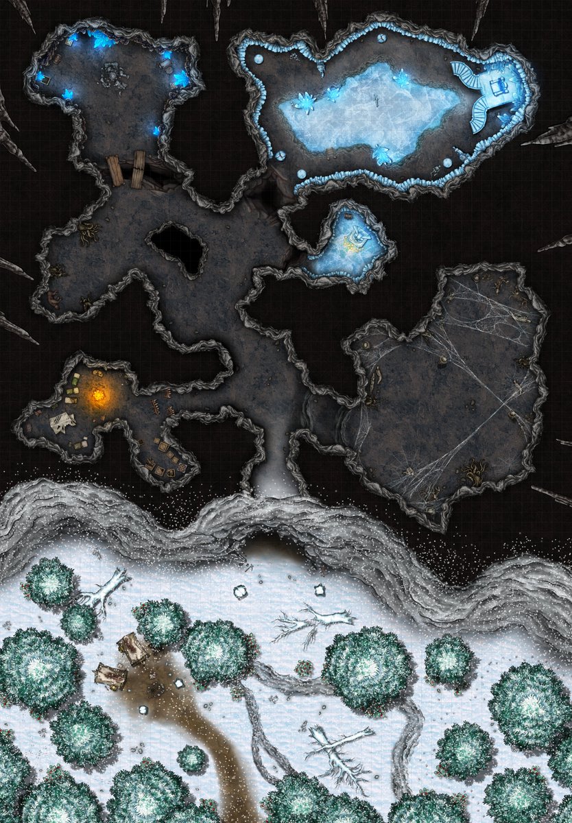 Hey guys! Happy Holidays! ❄️FREE MAP! 
Here's a fun winter-themed encounter map/dungeon for you! 

"The Frozen Caverns"
57x82 for your VTTs!  

Check out more on Patreon! ♥
patreon.com/c/user?u=10954…

#selfpromosaturday #dnd5e #dndart
#dndmaps #battlemaps #inkarnate #dnd