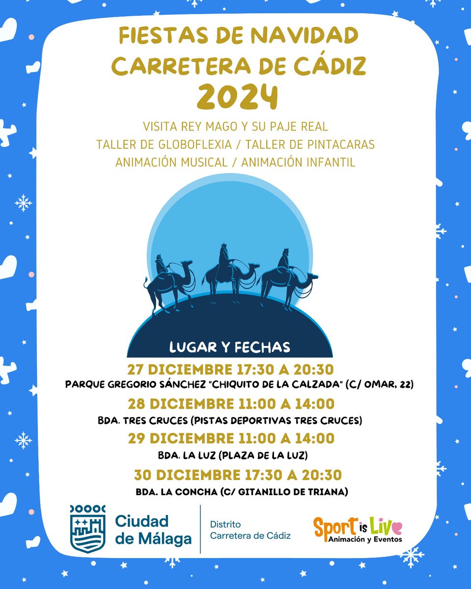 CtradeCadizMLG's tweet photo. ¡ Apunta las fechas! 27 (Parque Chiquito de la Calzada); 28 (pistas deportivas Tres Cruces); 29 (Plaza de la Luz) y 30 diciembre (calle Gitanillo de Triana). ¡Apunta las fechas!, ¡no te las pierdas! #NavidadDistrito7 #CtradeCádiz @fjpomares @juancgiardin https://t.co/umCHq1dSLG