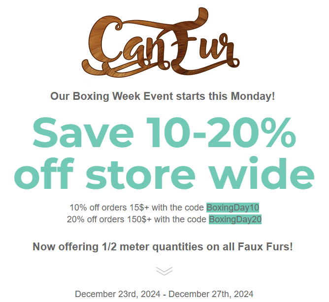 Treat yourself this holiday with 10-20% off storewide using the codes BoxingDay10 &amp; BoxingDay20!