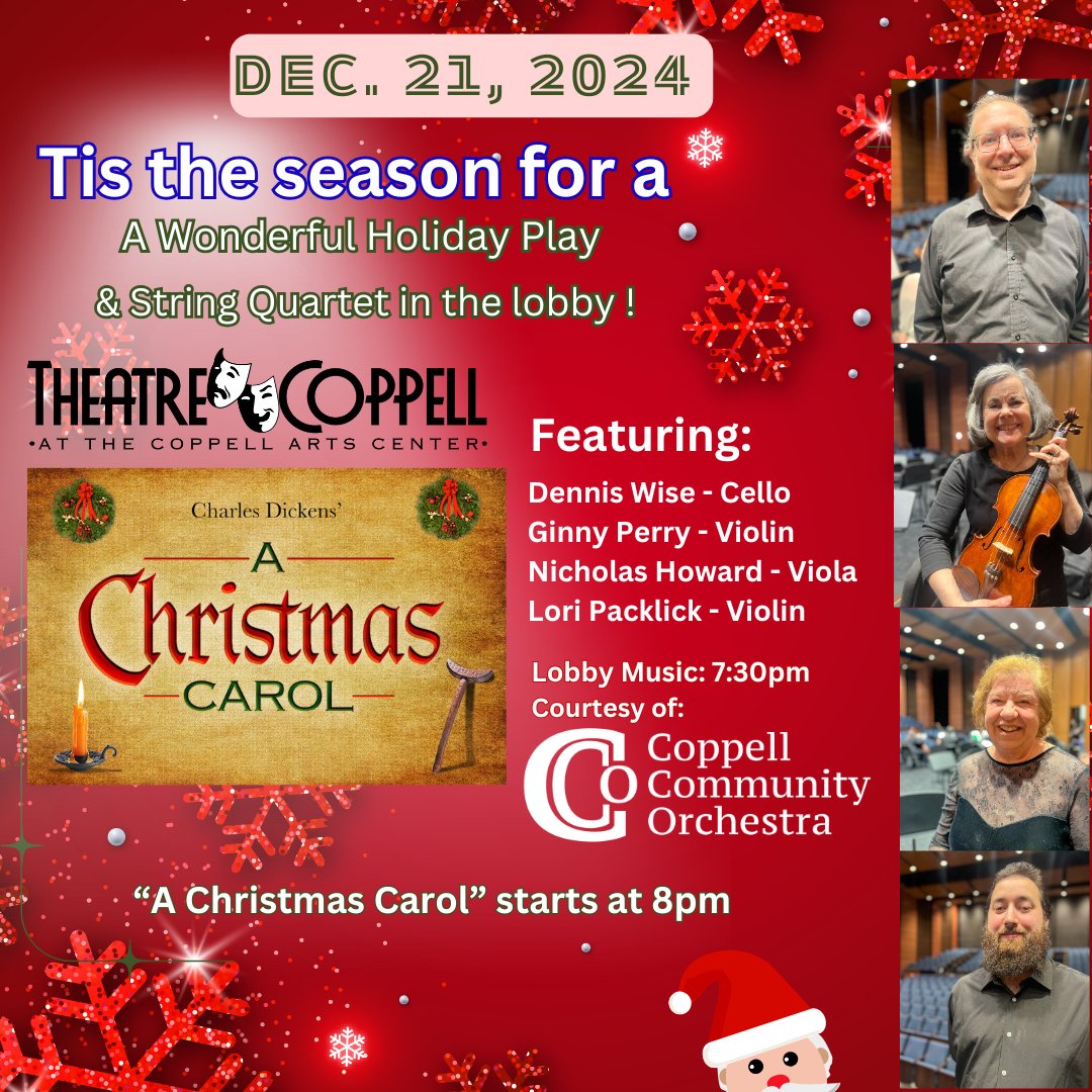 Theatre Coppell (@theatrecoppell) on Twitter photo Enjoy the festive magic with a live holiday string quartet by the Coppell Community Orchestra in the <a href="/coppellarts/">Coppell Arts Center</a> lobby before "A Christmas Carol"! 🎻🎄 #HolidayCheer #FestiveVibes #LiveMusic #TheatreMagic #SeasonOfJoy #coppellcommunityorchestra #theatrecoppell Enjoy the festive magic with a live holiday string quartet by the Coppell Community Orchestra in the <a href="/coppellarts/">Coppell Arts Center</a> lobby before "A Christmas Carol"! 🎻🎄 #HolidayCheer #FestiveVibes #LiveMusic #TheatreMagic #SeasonOfJoy #coppellcommunityorchestra #theatrecoppell