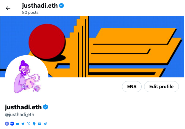 hadikhai_eth's tweet photo. Notice anything different?
Yeah, I have my ENS records right on my profile and anybody can see my entire ENS profile directly on X!🤯
It’s that simple:
1️⃣ Set your ENS name as your X name.
2️⃣ Download the JustWeb3 extension.
https://t.co/Ry57msKjQe
#JustWeb3 #ENS https://t.co/illTXNe8Js