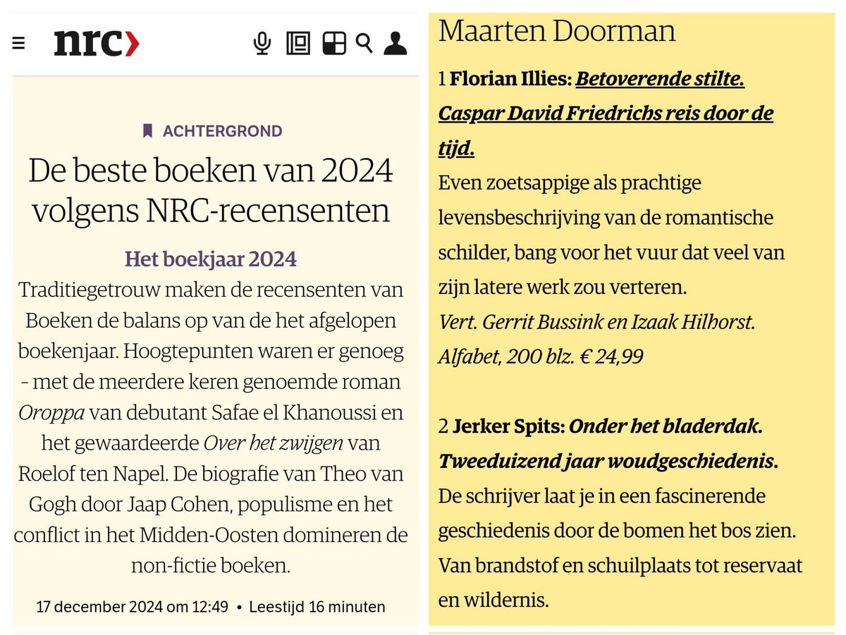 NRC heeft Onder het bladerdak. Tweeduizend jaar woudgeschiedenis opgenomen in het overzicht van de beste boeken van 2024! Maarten Doorman zet het boek op plaats twee in de categorie geschiedenis.
nrc.nl/nieuws/2024/12… <a href="/oorschotboeken/">Van Oorschot</a>