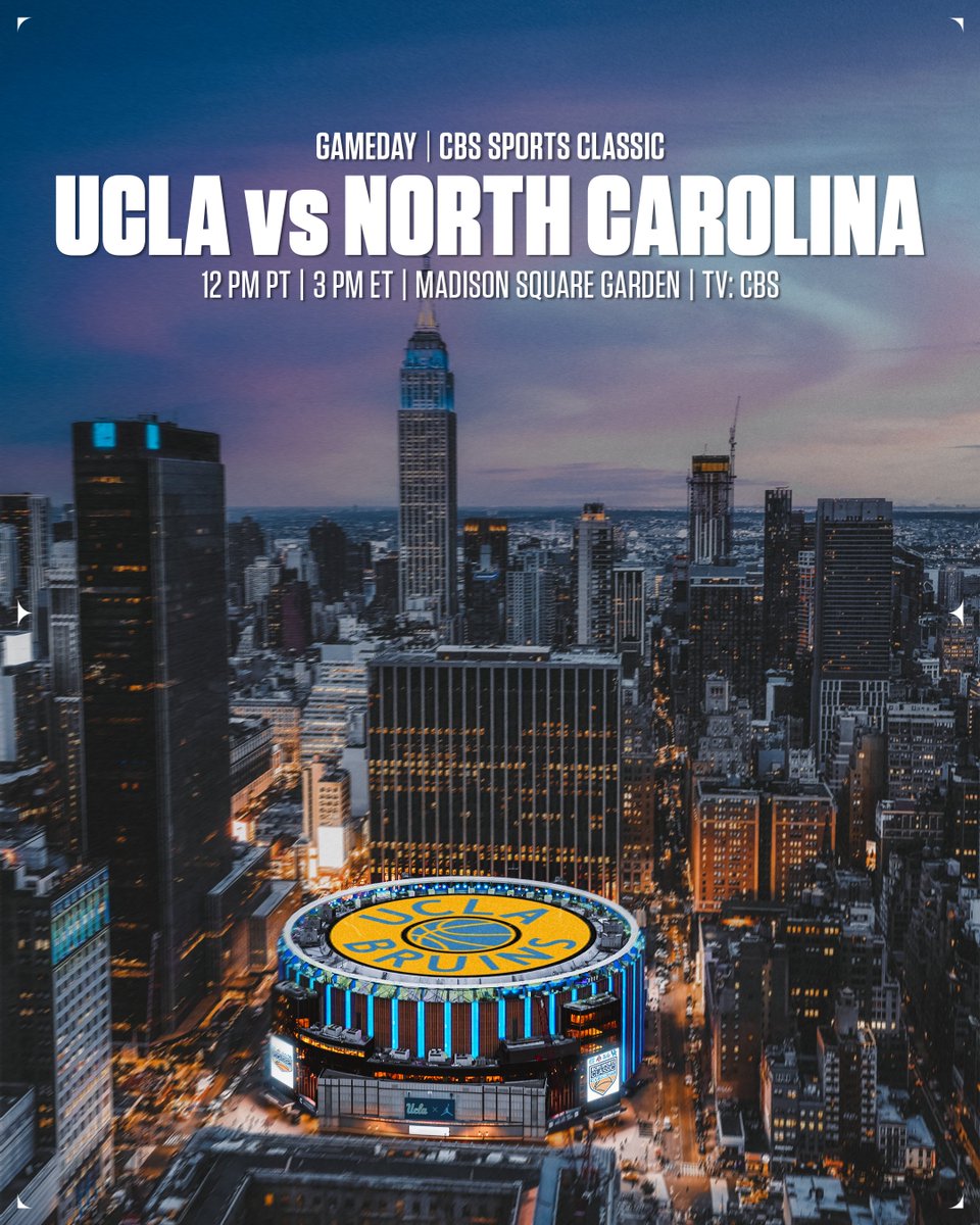 It’s 𝐆𝐀𝐌𝐄𝐃𝐀𝐘 in 𝐍𝐞𝐰 𝐘𝐨𝐫𝐤 𝐂𝐢𝐭𝐲.

No. 18 UCLA (10-1) faces North Carolina (6-5) at Madison Square Garden this afternoon in the CBS Sports Classic.

⏰: 12 pm PT, 3 pm ET
📺: CBS, Paramount+
📻: <a href="/AM570LASports/">AM 570 LA Sports</a>
📊: bit.ly/24-MSG-UCLA

#GoBruins 🏀