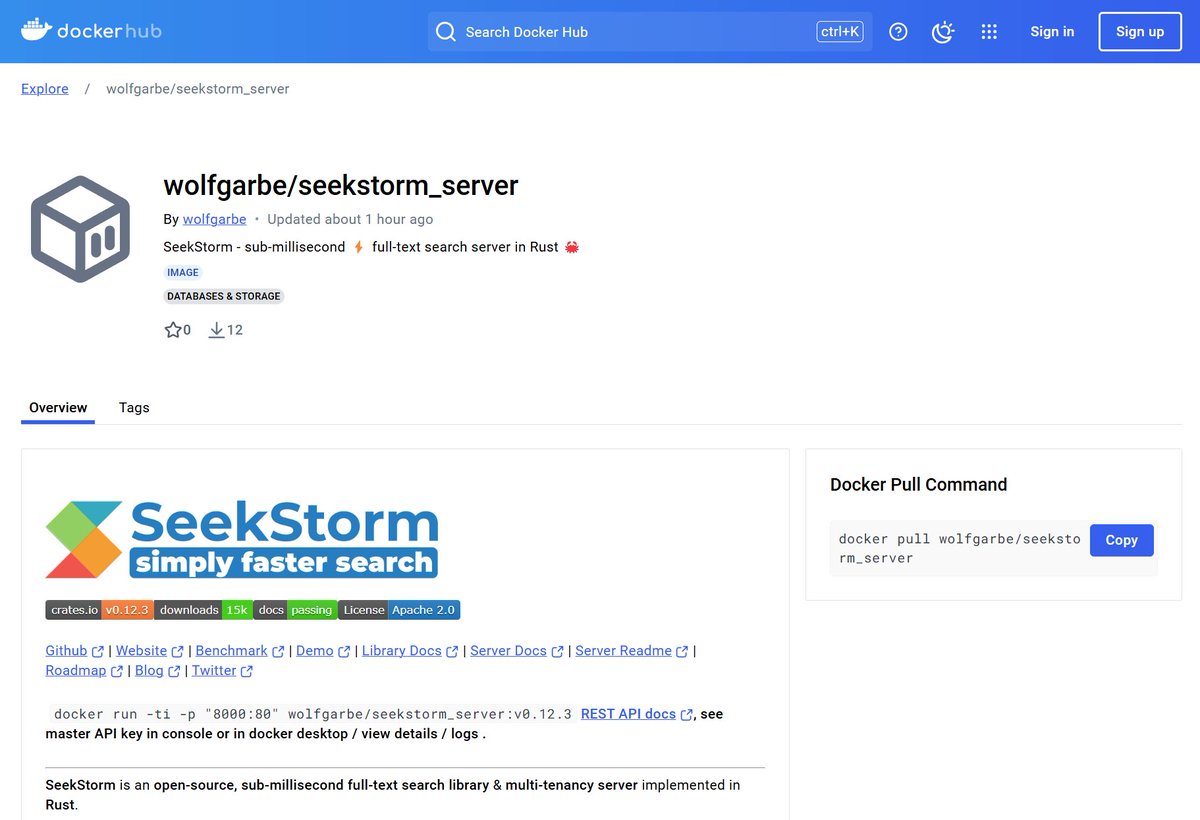The SeekStorm search server is now also available as a container image at Docker Hub.
hub.docker.com/r/wolfgarbe/se…