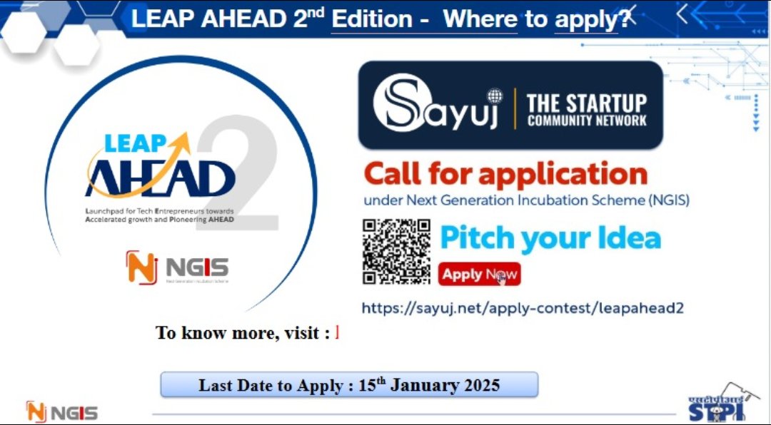 An Outreach Event for LEAP AHEAD 2nd Edition has been conducted Online for Sayuj community startups at STPI Chennai on  20.12.2024. Startups from  #FinBlue #FinTech CoE and NGIS participated and interacted with STPI Officials.

<a href="/arvindtw/">Arvind Kumar</a> |  <a href="/mahadesha_v/">Mahadesha V</a>