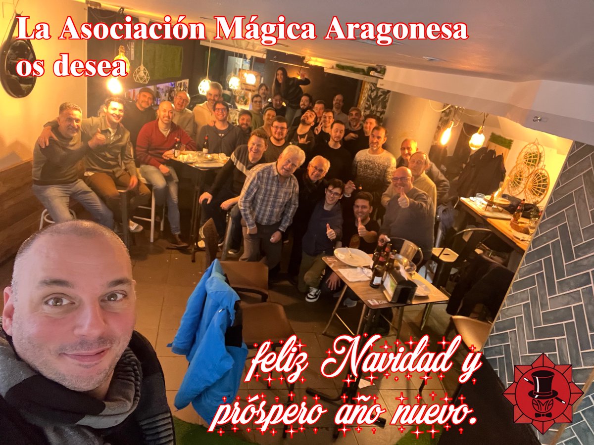 Con esta foto de nuestra cena de Navidad la Asociación Mágica Aragonesa os desea que paséis unos buenos días llenos de Magia rodead@s de vuestras personas cercanas y que empecéis 2025 felizmente y con ilusión.

Nos tomamos un par de semanas de vacaciones hasta después de Reyes.