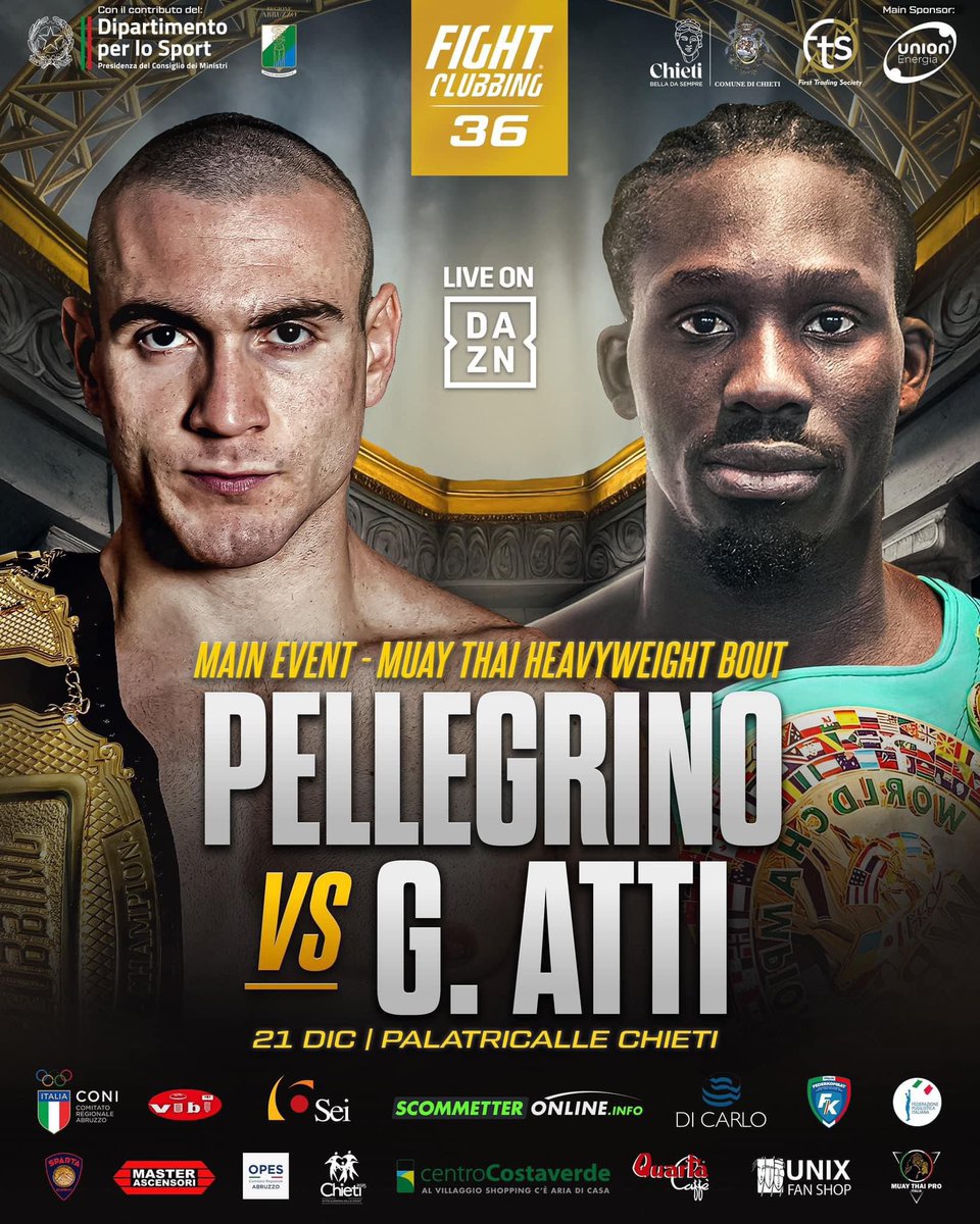 DoD_Official's tweet photo. Main Event @Fight_Clubbing 36 in 🇮🇹
Heavyweight Elimination Bout under full 
#muaythai rules. Champion vs #champion means #martialarts of the 8 limbs at it’s finest battleground. 
This #clash is live on @DAZN_IT 
#theblade Gerardo Atti vs @muaythaicouncil Champ Enrico Pellegrino https://t.co/eUu3BVVJZr