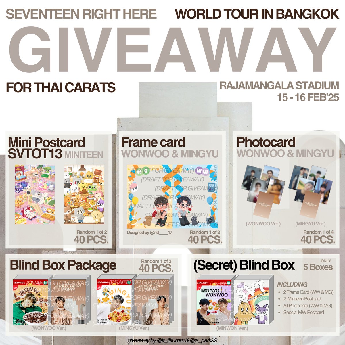 tt_ttttumm's tweet photo. (RT) GIVEAWAY FOR กะรัตชาวไทย

"𝐒𝐕𝐓 𝐑𝐢𝐠𝐡𝐭 𝐇𝐞𝐫𝐞 𝐢𝐧 𝐁𝐚𝐧𝐠𝐤𝐨𝐤"

📍Rajamangala Stadium
📅 15-16 Feb'25
⏰TBA

✨All Random Ver. ✨
👉20 set per day (Special Box for 5 boxes)👈

*จำนวนและรูปแบบอาจจะมีเปลี่ยนแปลง

#กะรัตพระเวสสันดร 
#SVT_RIGHT_HERE_IN_BANGKOK https://t.co/D0W8iqInWt
