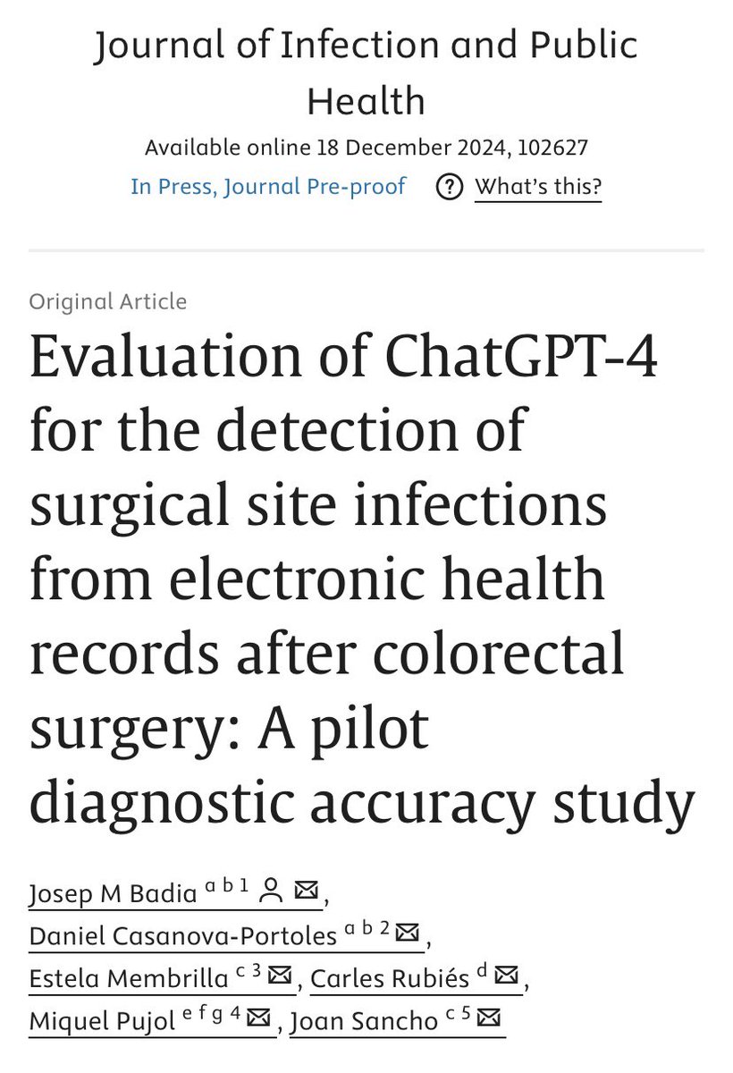 JosepM Badia (@badiajosepm) on Twitter photo The road to automation! Millorant la vigilància de la infecció postoperatòria. <a href="/hggranollers/">Hospital General de Granollers</a> <a href="/recercafphag/">Recerca i Innovació Hospital General Granollers</a>
Evaluation of ChatGPT-4 for the detection of surgical site infections ... sciencedirect.com/science/articl… The road to automation! Millorant la vigilància de la infecció postoperatòria. <a href="/hggranollers/">Hospital General de Granollers</a> <a href="/recercafphag/">Recerca i Innovació Hospital General Granollers</a>
Evaluation of ChatGPT-4 for the detection of surgical site infections ... sciencedirect.com/science/articl…