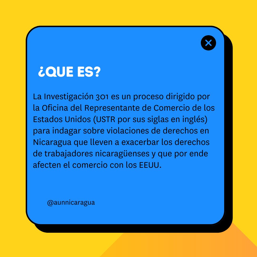 AUNNicaragua's tweet photo. 🚨Atención Nicaragüenses🚨 
Investigación 301 es un proceso dirigido por la Oficina del Representante de Comercio de los Estados Unidos (USTR por sus siglas en inglés) 
Aquí te contamos más:  
Link de portal: https://t.co/g5me0zvNxS https://t.co/9YXv9nVJcI