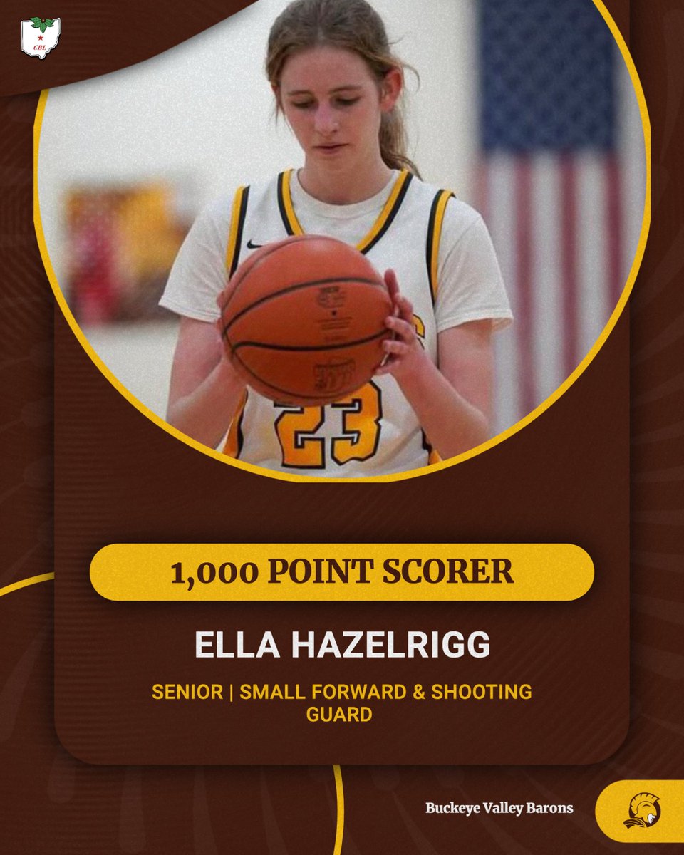 Central Buckeye League (@cblcomms) on Twitter photo Congratulations to <a href="/BV_BaronsAD/">BV_BaronsAthletics</a> Ella Hazelrigg whose 31 points against Franklin Heights put her over the 1,000 career point mark as a Baron. The senior has played a major role in the Lady Barons success in CBL play.
She will be honored January 10th against CSG. Congratulations to <a href="/BV_BaronsAD/">BV_BaronsAthletics</a> Ella Hazelrigg whose 31 points against Franklin Heights put her over the 1,000 career point mark as a Baron. The senior has played a major role in the Lady Barons success in CBL play.
She will be honored January 10th against CSG.