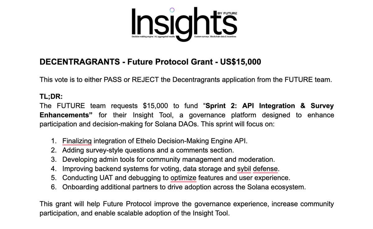 dirty_digs's tweet photo. We have officially applied for a @deanslistDAO DecentraGrant for the continued development of @Future_Protocol. Building the tool has been challenging, and it's because of Solana grant programs like these that we are even able to keep the lights on.

Making governance easier and more accessible is extremely important. So please, if you are a $DEAN holder, come to realms and vote to keep us moving forward.

https://t.co/Uhy04CFCIe