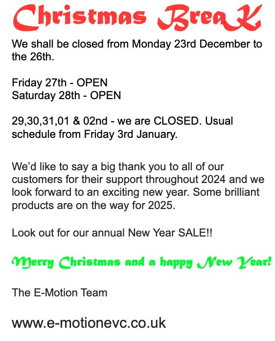 emotionevc's tweet photo. We'd like to say a big thank you to all of our customers for their support throughout 2024 and we look forward to an exciting new year. Some brilliant products are on the way for 2025

Look out for our annual New Year SALE!!

Merry Christmas and a Happy New Year
The E-Motion Team https://t.co/2ugfAxK393