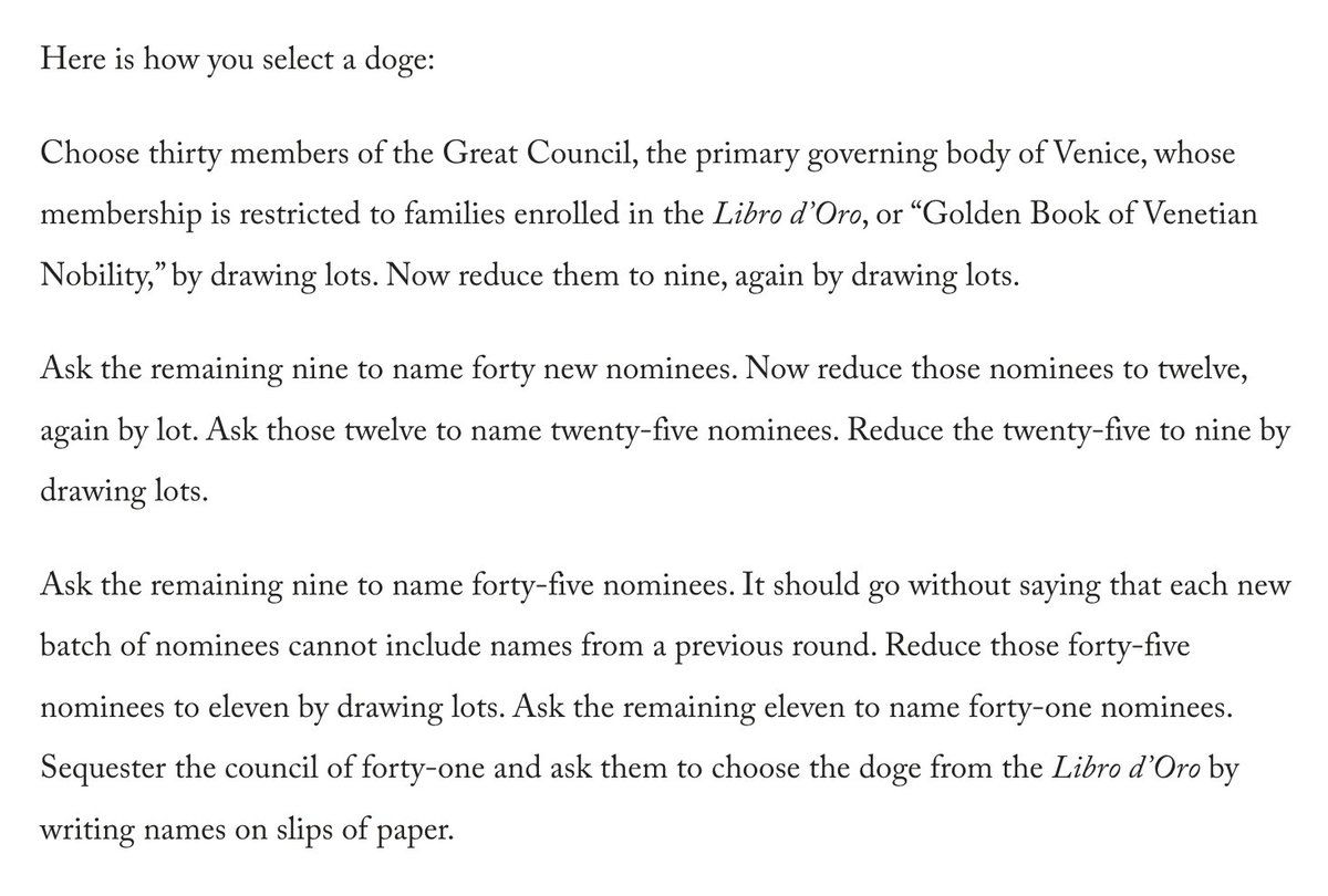 also now that Conclave has done so well I demand a similarly-prestigious outing about the election of a Venetian doge, which was even more procedurally complicated