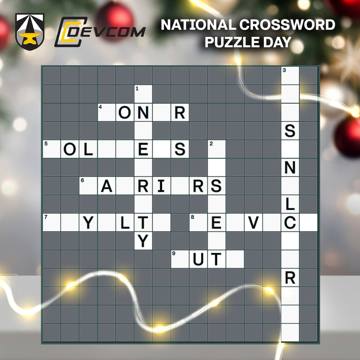 usarmy_devcom's tweet photo. What’s a 5-letter word for ‘Integrity?’ 

It’s #NationalCrosswordPuzzleDay to commemorate the first published crossword puzzle, which appeared in the New York World newspaper in 1913. Complete this puzzle using #ArmyValues. 

#CrosswordPuzzle #Cruciverbalist #TeamDEVCOM https://t.co/KI6aOYfxeJ