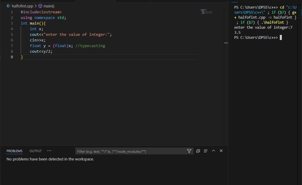 Harshitaa842's tweet image. Here I had a program to take an integer as input and provide half of it as output.  The output could be a float which my code won't calculate for an integer. So we use #typecasting we put the value of the integer in a float container for decimal calculation.
#cpp #coding #terms