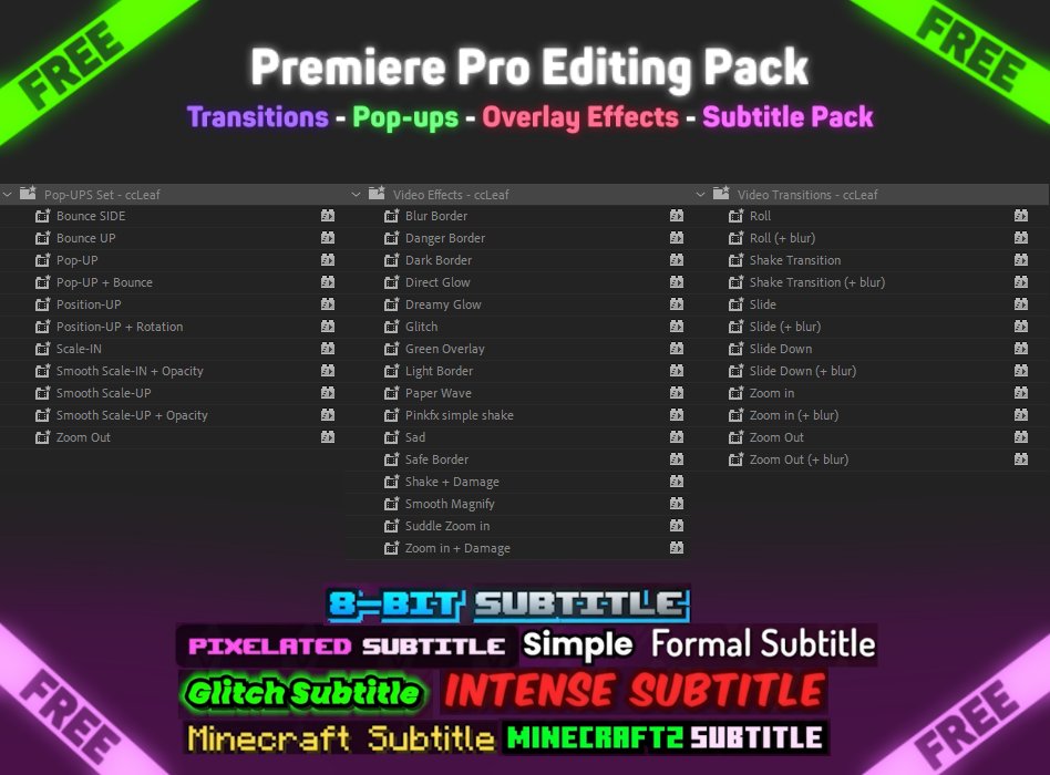 Free Editing Pack - Day 12 ❄️ 

🔥 We've created an editing pack for Premiere Pro, with Transitions, Pop-ups, Overlay Effects, and a whole Subtitle pack! 

As our 12th day of the ccLeaf Countdown, we've decided to give it away ALL FOR FREE! 

To get it for FREE: 
📲 Follow + ❤️