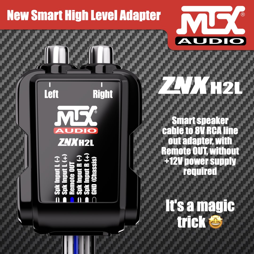 MTXEurope's tweet photo. The MTX ZNXH2L high-level to RCA adapter has arrived. 8V RCA outputs, Remote OUT,  amazing sound quality, no need for a +12V power supply, it just connects to the speaker cables, no need to dismantle the dashboard, it's magic 😎
More details on https://t.co/KvKtQ2VIWj https://t.co/hSEI7WrZV5