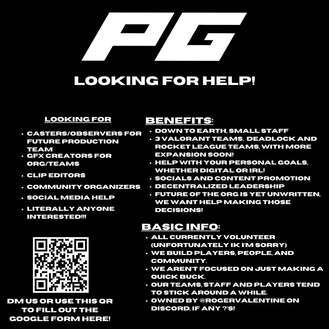 Purpose Gaming (@purposeggss) on Twitter photo We are still looking for anyone who wants to be a part of PG to help run things!
We don't have much to offer but, we want people who have a vision and ideas for how we can all continue to build success here!
If interested DM/fill QR code out! 🤎+🔁appreciated!
<a href="/ValorCentral/">Valor Central</a> We are still looking for anyone who wants to be a part of PG to help run things!
We don't have much to offer but, we want people who have a vision and ideas for how we can all continue to build success here!
If interested DM/fill QR code out! 🤎+🔁appreciated!
<a href="/ValorCentral/">Valor Central</a>
