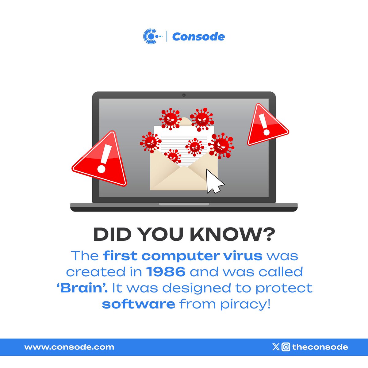 theconsode's tweet photo. d You Know?
The first computer virus, known as Brain, was created in 1986. Surprisingly, it wasn’t designed to harm but to protect software from piracy. This marks the beginning of the cybersecurity era we know today! https://t.co/16TpT1vEIz