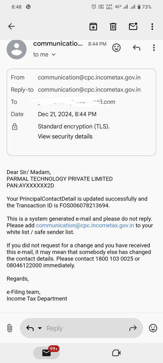 RaoNeeraj48's tweet photo. @IncomeTaxIndia 

Received the following mail, the masked PAN is matching my PAN card,  but not aware of Parmal technology private limited. 

@IncomeTaxIndia @FinMinIndia @nsitharaman https://t.co/whkeb7gjr6