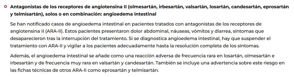 sanoysalvoblog's tweet photo. ARA II (olmesartán, irbesartán, valsartán, losartán, candesartán, eprosartán y telmisartán): angioedema intestinal (dolor abdominal, náuseas, vómitos y diarrea)
Si se presenta, suspender y vigilar hasta resolución completa
https://t.co/Evnhx5drxJ Boletín seguridad AEMPS #SegPac https://t.co/aLcdjXdNfE