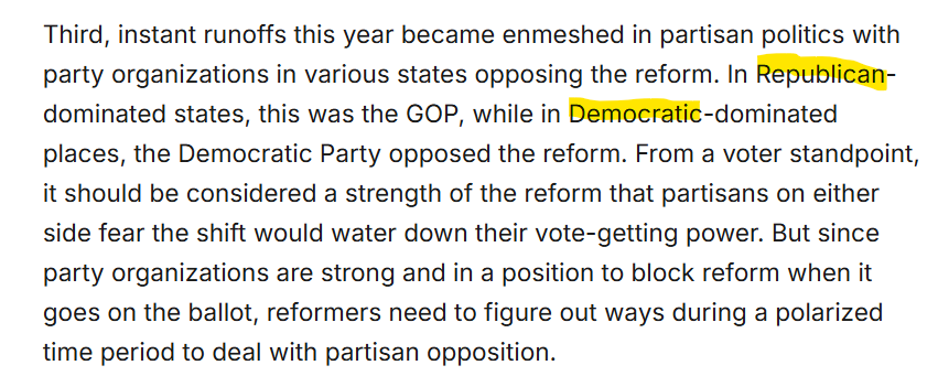 LFried76's tweet photo. Good article by the @BrookingsInst  on the effectiveness of Ranked Choice Voting.  

The two most revealing points to me are: (1) When implemented RCV delivers on the expected results. More civil politics, and elected officials with broader appeal [50%+1 votes]  (2) It is opposed by the party in power; whether Dems or Rep because they want to keep the current system because it benefits them.   Those in power want to keep power...

Those two points tell you all you need to know about the benefit of RCV!

Lessons learned:  RCV implementation has better odds when local community outreach takes the lead.  Not led but out of state money / organizations.  Voter education is important.  (shockers I know)

@RankTheVoteUSA @fairvote @BetterBallotNC @BetterBallotGa @betterballotsc @FairVoteVA @WakeGOV @MyNCSenate @NCGOP @raleighchamber @RaleighGov @raleigh_forward @DowntownRaleigh  @Fwd_Party @ForwardPartyNC @ForwardCarolina @CarolinaJournal 

The future of the instant runoff election reform https://t.co/liZKakXggm