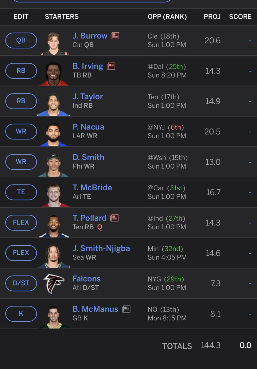 ASzymczyk's tweet image. Going into the finals week down by 4. 50-50 chance projection. Full PPR. Any changes?  #askfft #fft #pfft
@ESPNFantasy @TheFFBallers @FFToday @FFHitman @NFLFantasy @FantasyPros @PFF_Fantasy @FantasyProsNFL @FFTony_ @FieldYates @PPRFantasyTips @ProFootballTalk @austinabbott