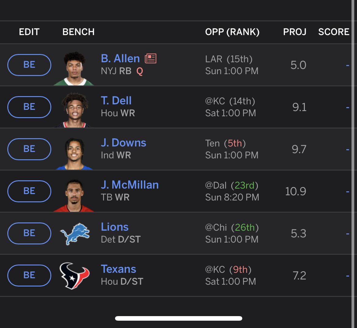 ASzymczyk's tweet image. Going into the finals week down by 4. 50-50 chance projection. Full PPR. Any changes?  #askfft #fft #pfft
@ESPNFantasy @TheFFBallers @FFToday @FFHitman @NFLFantasy @FantasyPros @PFF_Fantasy @FantasyProsNFL @FFTony_ @FieldYates @PPRFantasyTips @ProFootballTalk @austinabbott