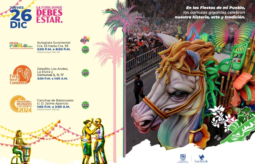 BLUPacifico's tweet image. Aquí está la programación oficial de la Feria de Cali. El 25 de diciembre la gran atracción será el desfile del Salsódromo, el 26 de diciembre comienza el Encuentro de Melómanos y Coleccionistas. #VocesySonidos