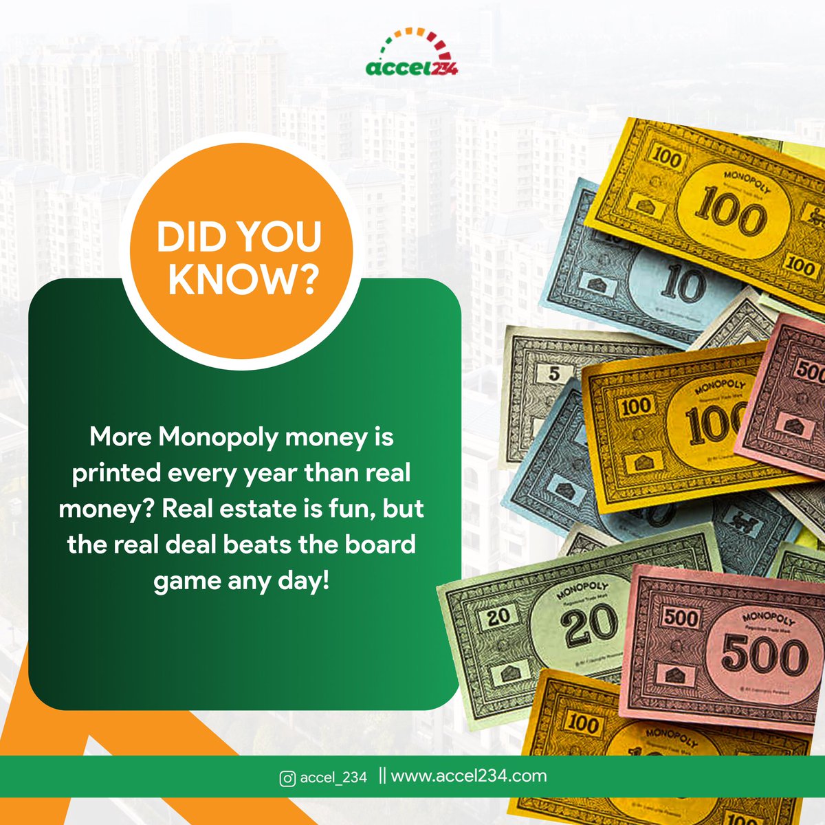 Accel234's tweet photo. Did You Know?
More Monopoly money is printed every year than actual currency! While the board game is fun, nothing beats the excitement and rewards of investing in real estate. https://t.co/owzsmiVKb5