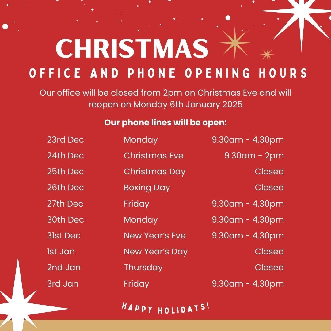 During the Christmas holiday season, our office and telephone services will have adjusted opening hours to accommodate the festivities. Please take note of these changes to ensure that you can reach us when needed.

We wish you a joyous holiday season and a happy new year!