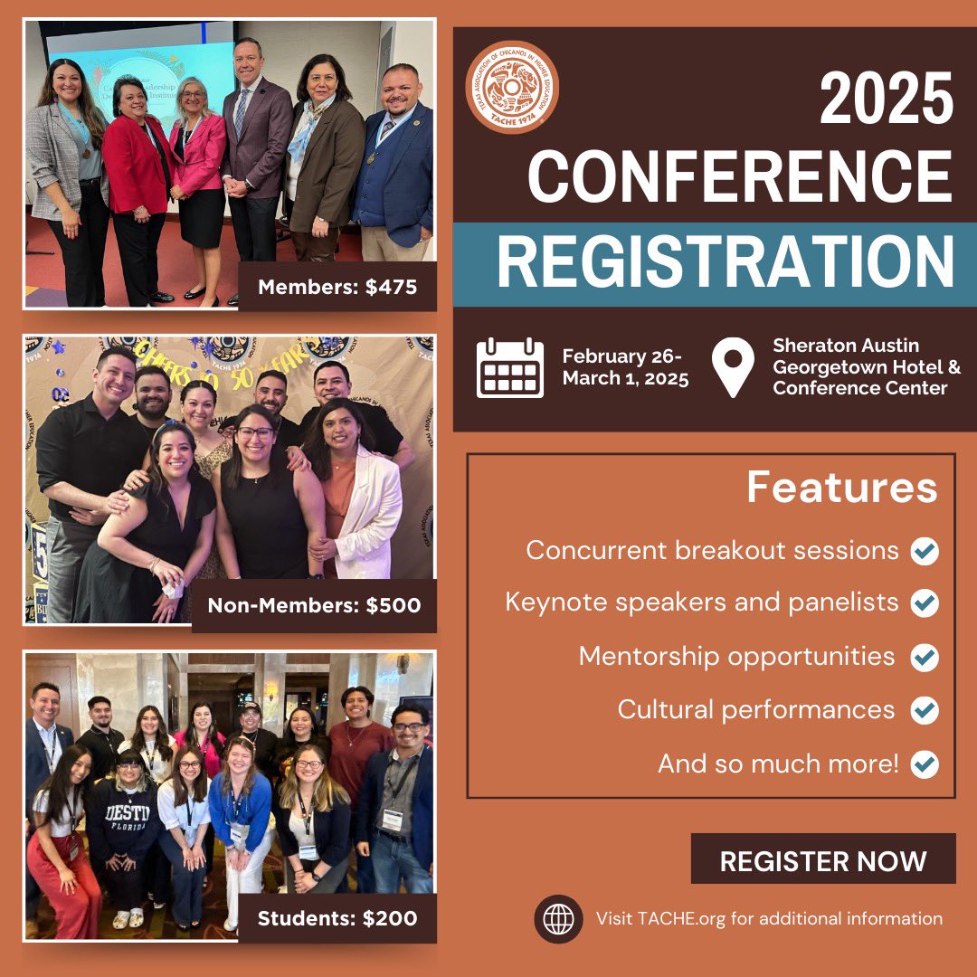 📢 Register for the 2025 TACHE State Conference Today!

💸 Registration Rates:
TACHE Members: $475
Non-Members: $500
Students: $200

🔗 Visit TACHE.org to register today!

We can’t wait to welcome you to Austin/Georgetown, TX, from February 26 to March 1, 2025. 🌟