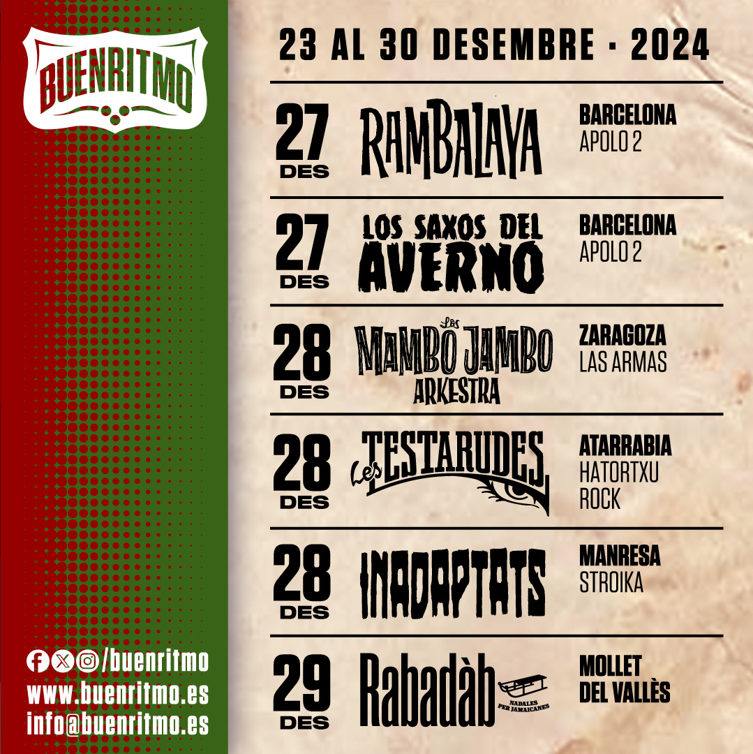 buenritmo (@buenritmo) on Twitter photo Semblava que ja s’havia acabat però encara ens queden uns quants concerts abans d’acabar l’any. Aprofiteu el cap de setmana per anar a veure música en directe. <a href="/saxosdelaverno/">Los Saxos del Averno</a> <a href="/lestestarudes/">Les Testarudes</a> <a href="/LosMamboJambo/">Los Mambo Jambo</a> <a href="/Nellosax/">Dani Nel·lo</a> @Sala_Apolo Semblava que ja s’havia acabat però encara ens queden uns quants concerts abans d’acabar l’any. Aprofiteu el cap de setmana per anar a veure música en directe. <a href="/saxosdelaverno/">Los Saxos del Averno</a> <a href="/lestestarudes/">Les Testarudes</a> <a href="/LosMamboJambo/">Los Mambo Jambo</a> <a href="/Nellosax/">Dani Nel·lo</a> @Sala_Apolo