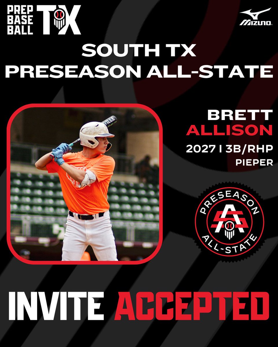 𝐏𝐫𝐞𝐬𝐞𝐚𝐬𝐨𝐧 𝐀𝐥𝐥-𝐒𝐭𝐚𝐭𝐞 Invite Accepted 🎟️

2027 3B/RHP Brett Allison (<a href="/17BrettA/">Brett Allison</a>)
<a href="/BaseballPieper/">Pieper Warriors Baseball</a> | <a href="/AlamoDrillers27/">Alamo Drillers 2027</a>

the 140th Ranked Player in TX will be joining us at the South TX Preseason All-State on 1/5/25 at Rice.

More Info: loom.ly/yodMWyA