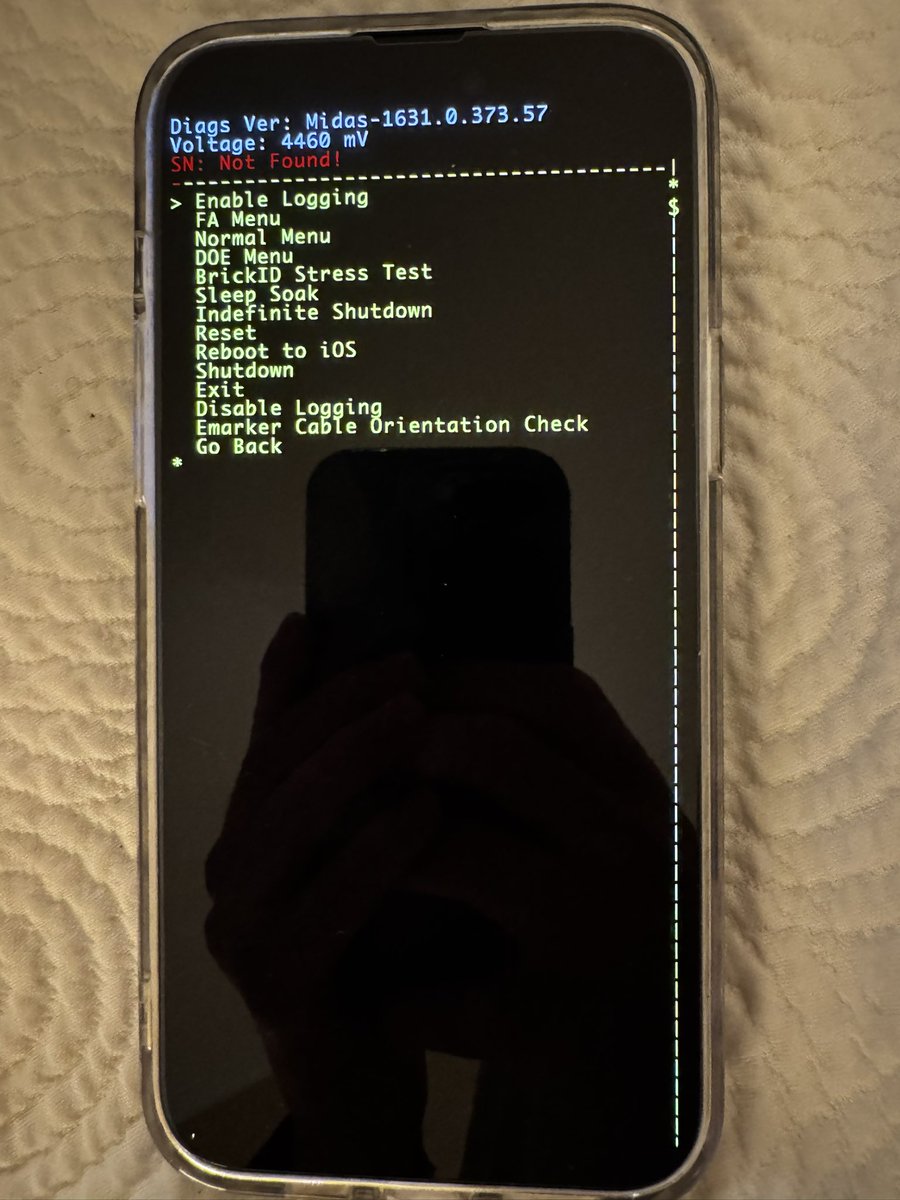 iPhone 15 Plus Prototype (Logic Board from before) booted into Diags over Serial ( #appleinternal )