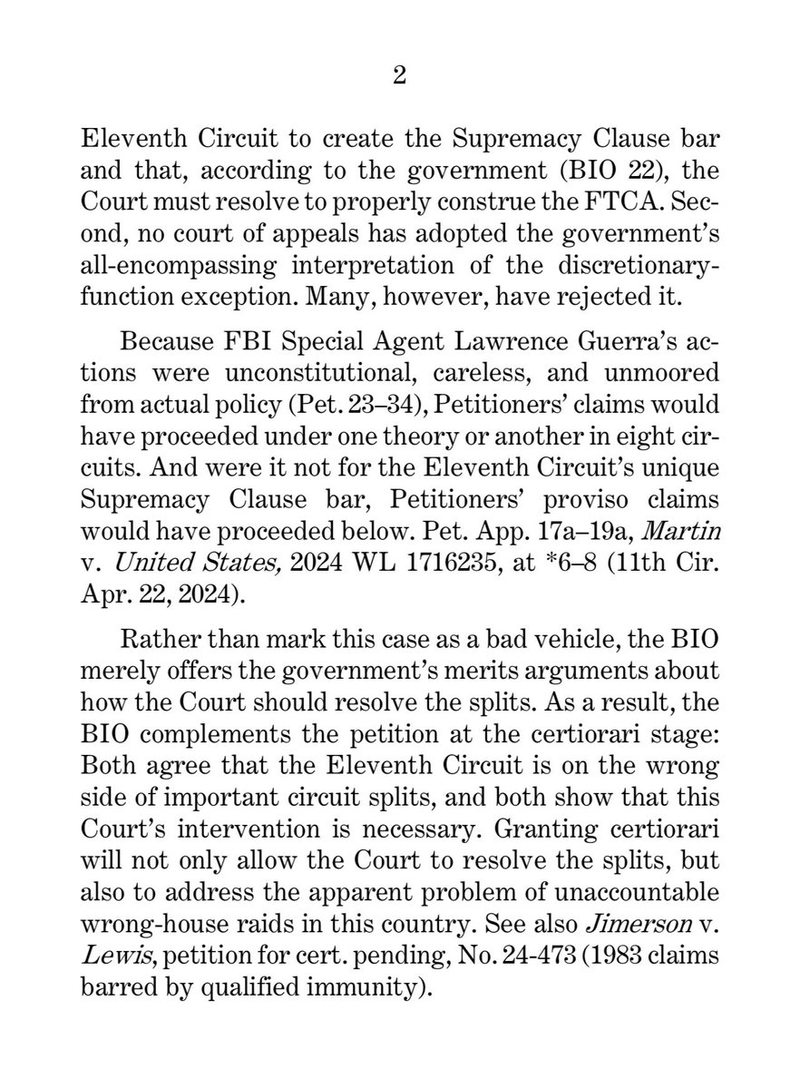 pjaicomo's tweet image. Yesterday, @IJ filed replies in our 2 #WrongHouseRaid cert. petitions: 

1. Jimerson v. Lewis (5 Cir. barring 1983 w/#QualifiedImmunity)

2. Martin v. U.S. (11 Cir. barring FTCA w/#SovereignImmunity)

The Martin raid was executed by the FBI, so SG’s opposing. 

Our reply summary: