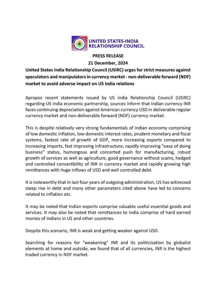 USIRCOnline's tweet image. United States India Relationship Council @USIRCOnline urges for strict measures against speculators and manipulators in currency market - non-deliverable forward (NDF) market to avoid adverse impact on US India relations.