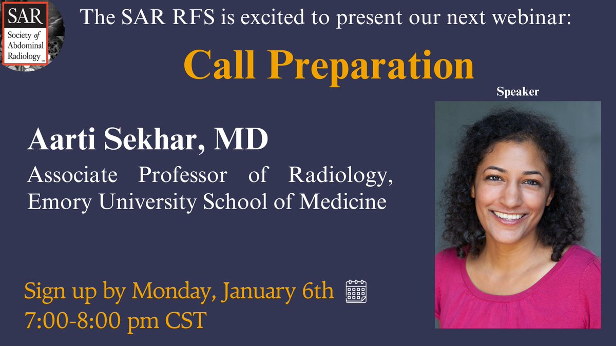 SAR Resident and Fellow Section (@sar_rfs) on Twitter photo 🚨🚨Attention #RadRes and #RadFellow!
Join the <a href="/SAR_RFS/">SAR Resident and Fellow Section</a> webinar on Call Preparation on ⏰Jan 6th. Don't miss this chance to learn effective strategies for handling calls in radiology practice.
Register here: veritasamc.zoom.us/webinar/regist… 🚨🚨Attention #RadRes and #RadFellow!
Join the <a href="/SAR_RFS/">SAR Resident and Fellow Section</a> webinar on Call Preparation on ⏰Jan 6th. Don't miss this chance to learn effective strategies for handling calls in radiology practice.
Register here: veritasamc.zoom.us/webinar/regist…