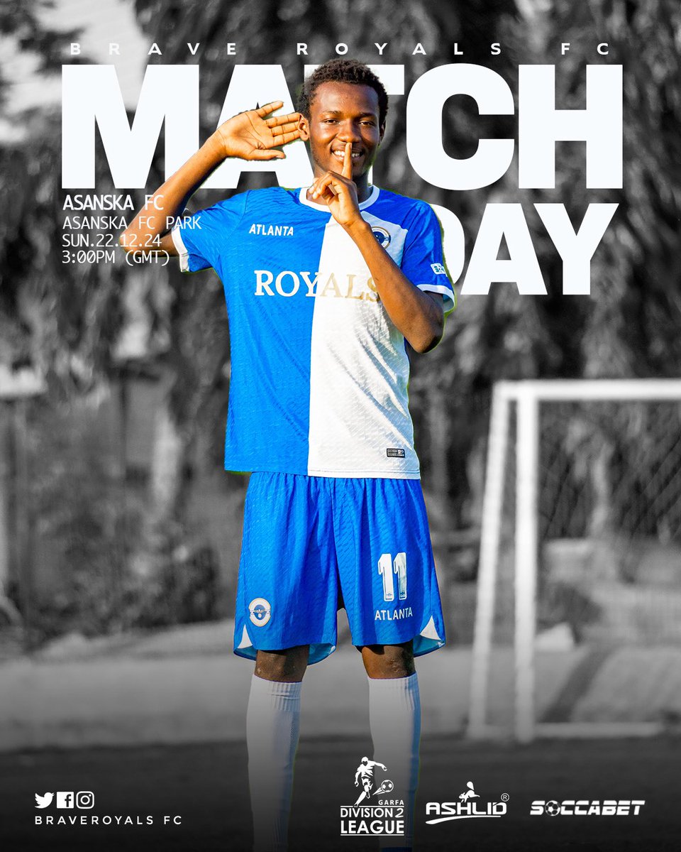AtlantaRoyals's tweet photo. We Travel tomorrow to Asanska

🆚 Asanska Fc 
🏟️ Asanska Park 
📆 Sunday 22,December 
⏰ 3:00 pm (GMT)

Come and support your Royals as they fight for glory in the GARFA Division 2 League! 💙👑 

#BraveRoyals #MatchDay #Division2League #soccerbet #league https://t.co/7edTtGd5oV