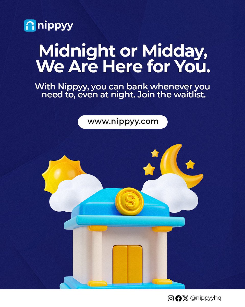 nippyyverse's tweet image. Midnight or Midday, We Are Here for You.
Time shouldn’t dictate when you can access your money.
With Nippyy, you can bank whenever you need to, even at night.
Join the waitlist, link in bio.