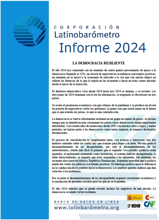 Gerardo L. Munck (@gerardomunck) on Twitter photo Ya está disponible el informe anual 2024 de <a href="/Latinobarometro/">Latinobarómetro</a> con datos sobre la democracia recogidos en agosto y octubre de 2024.
Descarga libre: latinobarometro.org/lat.jsp Ya está disponible el informe anual 2024 de <a href="/Latinobarometro/">Latinobarómetro</a> con datos sobre la democracia recogidos en agosto y octubre de 2024.
Descarga libre: latinobarometro.org/lat.jsp