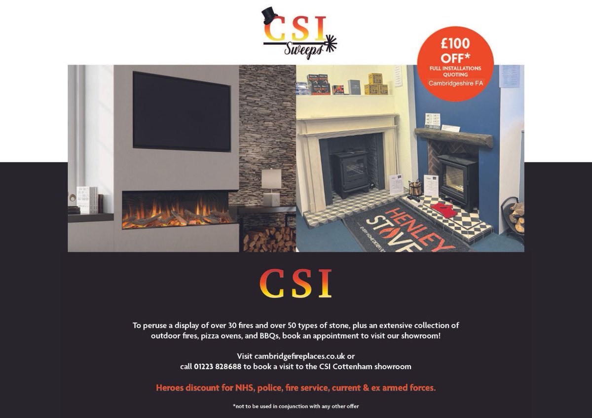 .<a href="/CambsFirePlaces/">CSI</a> is the go to fireplace company.

They offer either supply only or supply and install on all things fireplace and flues, new wood burners, multi fuel stoves, gas fires and electric fires. 🔥

£100 off for installs when quoting 'Cambs FA'

cambridgefireplaces.co.uk