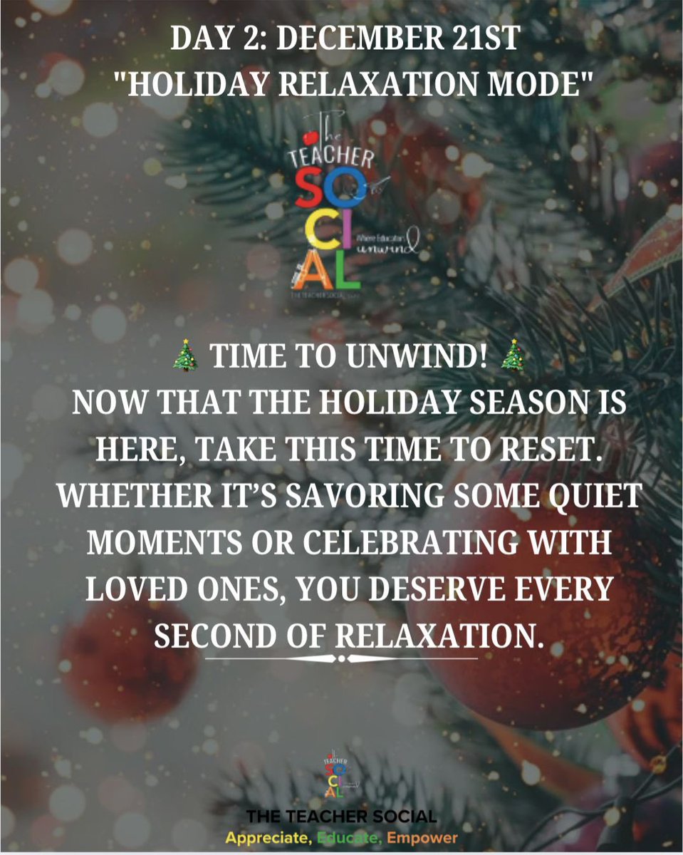 hiremarlon's tweet photo. 💭 How are you prioritizing rest this season? Taking walks in the crisp air? Diving into a new book? Or simply doing nothing at all? Share how you're embracing the holiday downtime.
#HolidayRelaxation#teachertwitter #teacherwriter #teacherlove #teacherlife #teachersocial https://t.co/WhhxoDkTB5