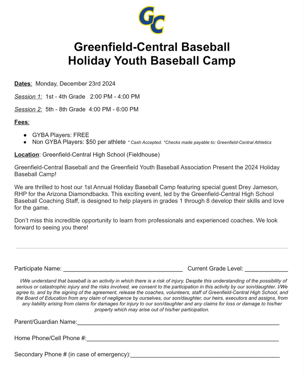Greenfield-Central Cougars Baseball (@gchs_bsb) on Twitter photo Donβt miss the 1st Annual GC Holiday Youth Camp.
ποΈ Monday, December 23rd: 2-6 PM
π GCHS Fieldhouse
Special guest: <a href="/Dreyjameson99/">Drey jameson</a>, Arizona Diamondbacks RHP & GC alum, will assist with the camp and host a Meet & Greet.
Pre-Register: forms.gle/YTgXCzhmmcSSGqβ¦ Donβt miss the 1st Annual GC Holiday Youth Camp.
ποΈ Monday, December 23rd: 2-6 PM
π GCHS Fieldhouse
Special guest: <a href="/Dreyjameson99/">Drey jameson</a>, Arizona Diamondbacks RHP & GC alum, will assist with the camp and host a Meet & Greet.
Pre-Register: forms.gle/YTgXCzhmmcSSGqβ¦