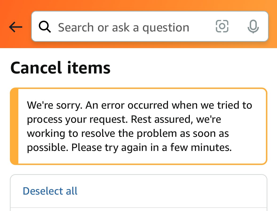 I have been trying to cancel an <a href="/amazon/">Amazon</a> order for three days and it keeps erroring out. The customer service section on the app no longer has chat options. How are y’all getting help over at Amazon lately?