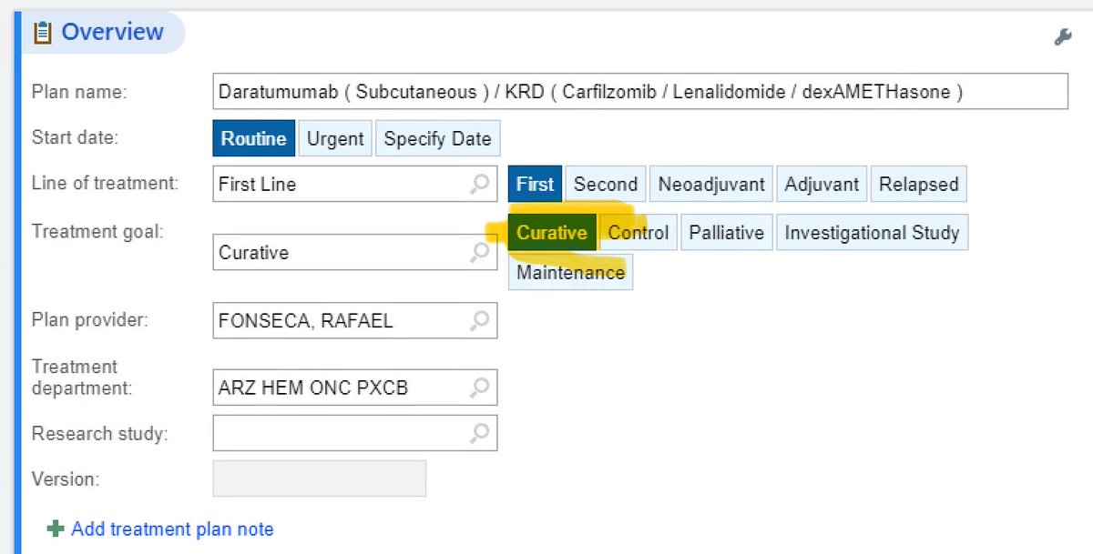 When writing treatment orders for induction therapy, frontline transplant-eligible myeloma, this is the correct box to click. No one can guarantee outcome, but you can guarantee intent. #mmsm